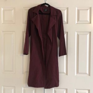 Maroon, trench coat style “duster”.